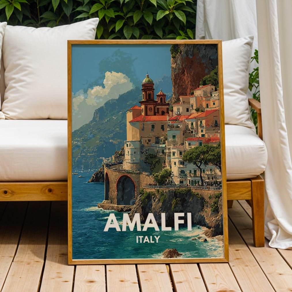 Outdoor seating area with a 'Amalfi Italy' poster on a wooden deck.