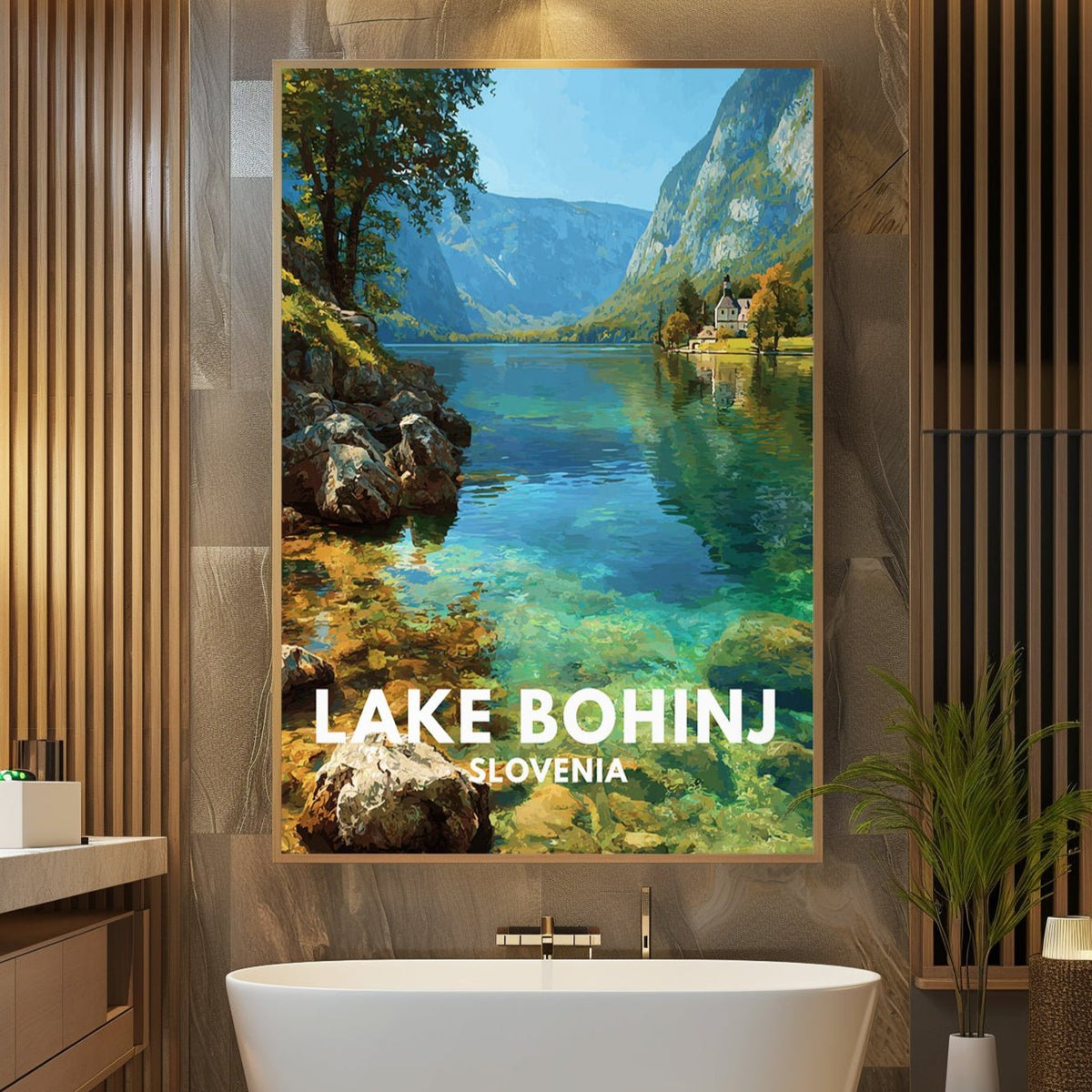 Modern bathroom with a large framed picture of Lake Bohinj, Slovenia.