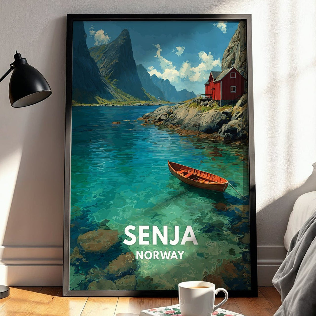 Framed poster of Senja, Norway with a boat on a lake in a bedroom setting.