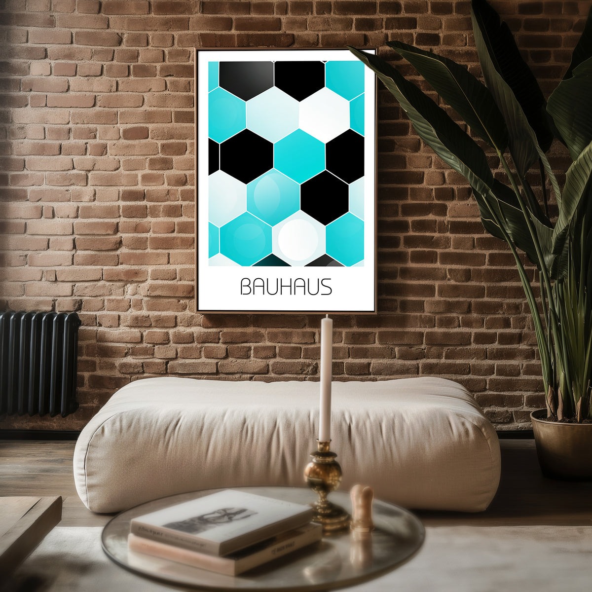 Hexagon Harmony Bauhaus Poster – Turquoise & Black Geometric Wall Art - Just Great Posters