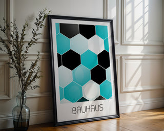 Hexagon Harmony Bauhaus Poster – Turquoise & Black Geometric Wall Art - Just Great Posters
