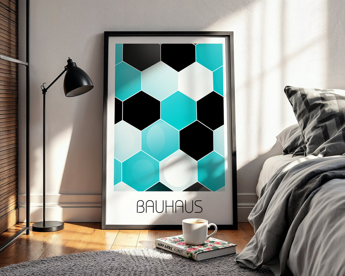 Hexagon Harmony Bauhaus Poster – Turquoise & Black Geometric Wall Art - Just Great Posters