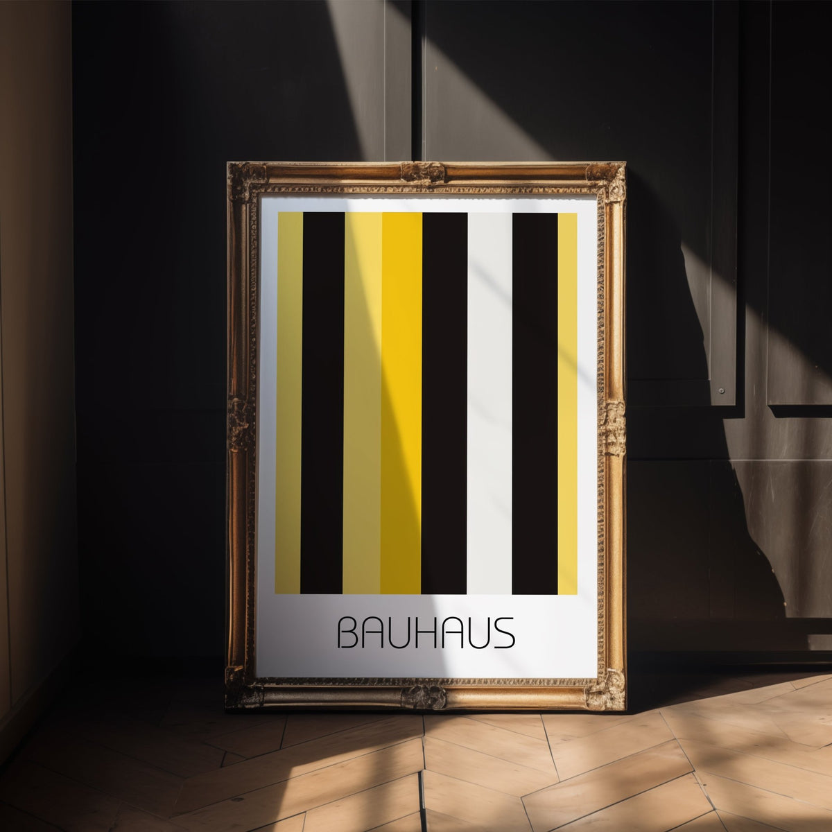 Industrial Stripe Bauhaus Poster – Minimalist Yellow & Black Geometric Art - Just Great Posters