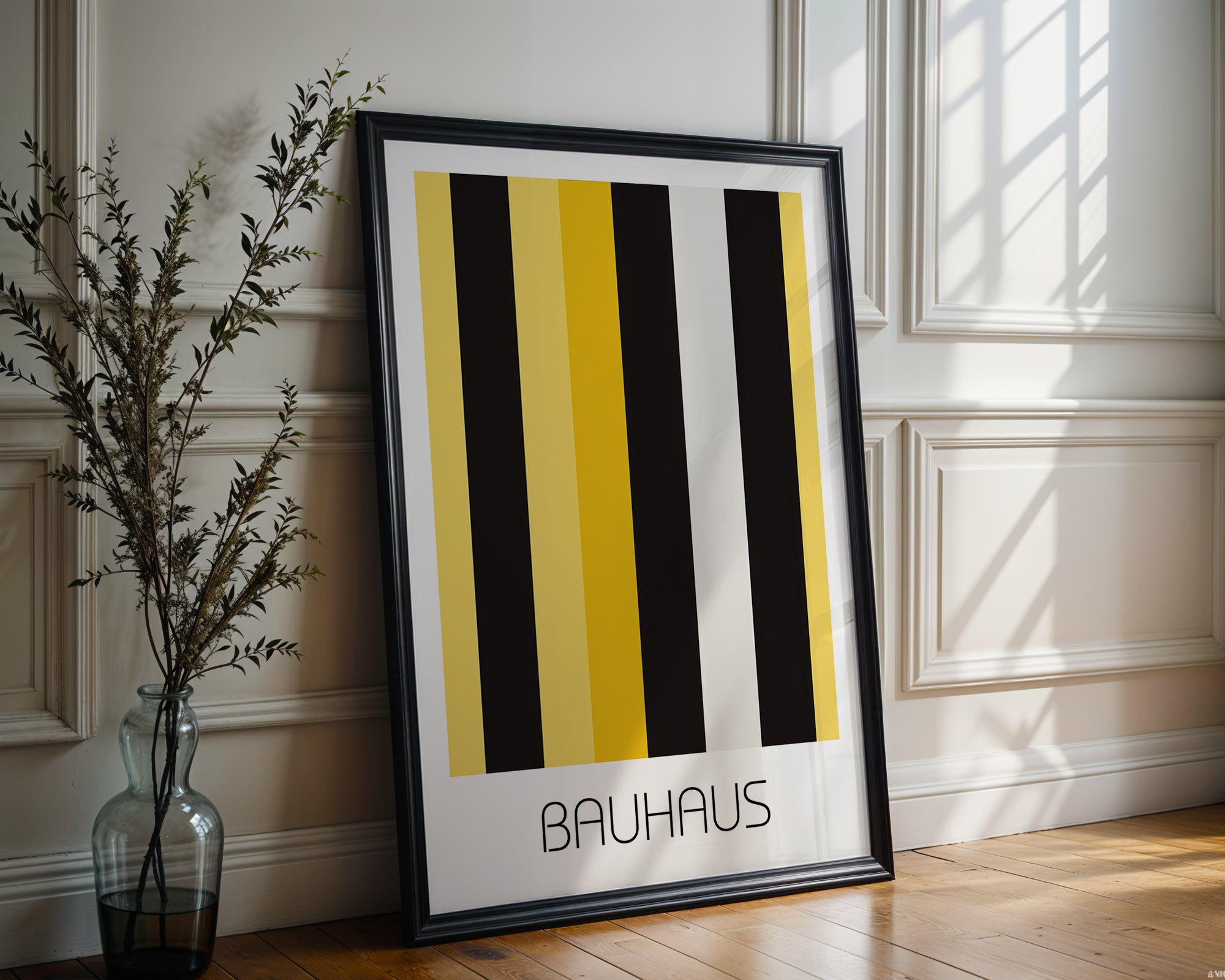 Industrial Stripe Bauhaus Poster – Minimalist Yellow & Black Geometric Art - Just Great Posters