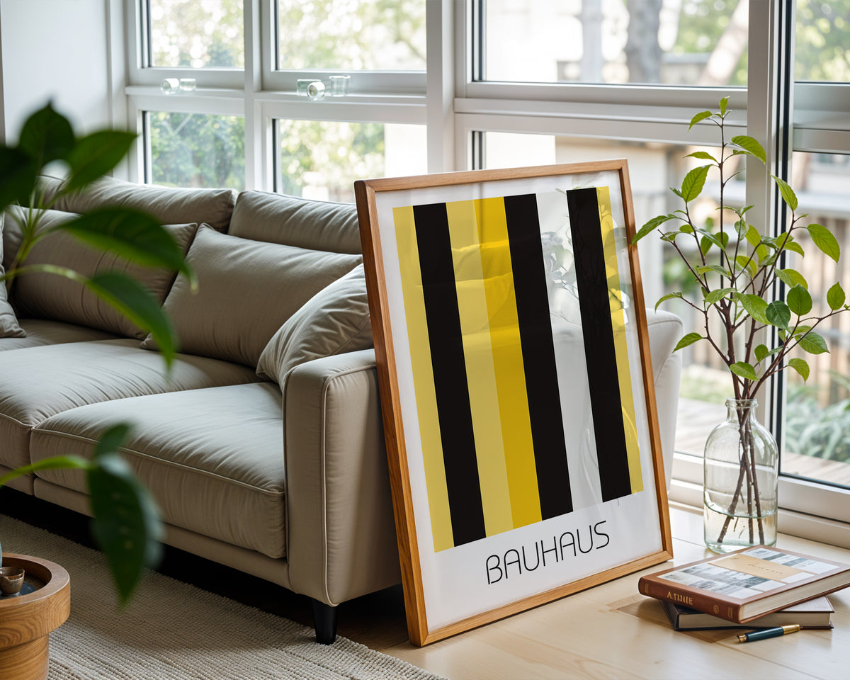 Industrial Stripe Bauhaus Poster – Minimalist Yellow & Black Geometric Art - Just Great Posters