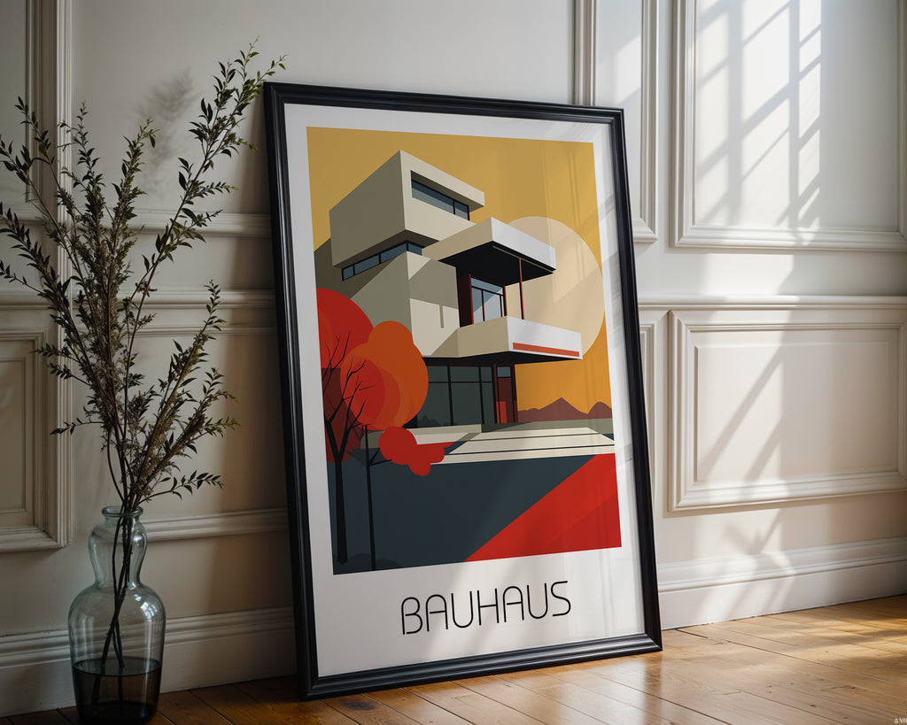 Autumn Geometry Bauhaus Poster – Bold Modernist House with Fall Palette - Just Great Posters