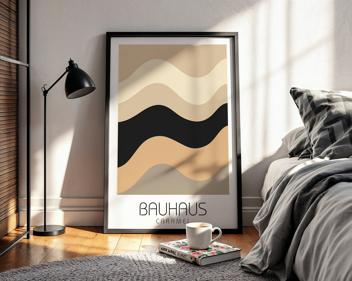 Caramel Wave Bauhaus Poster – Warm Neutral Abstract Curve Art - Just Great Posters