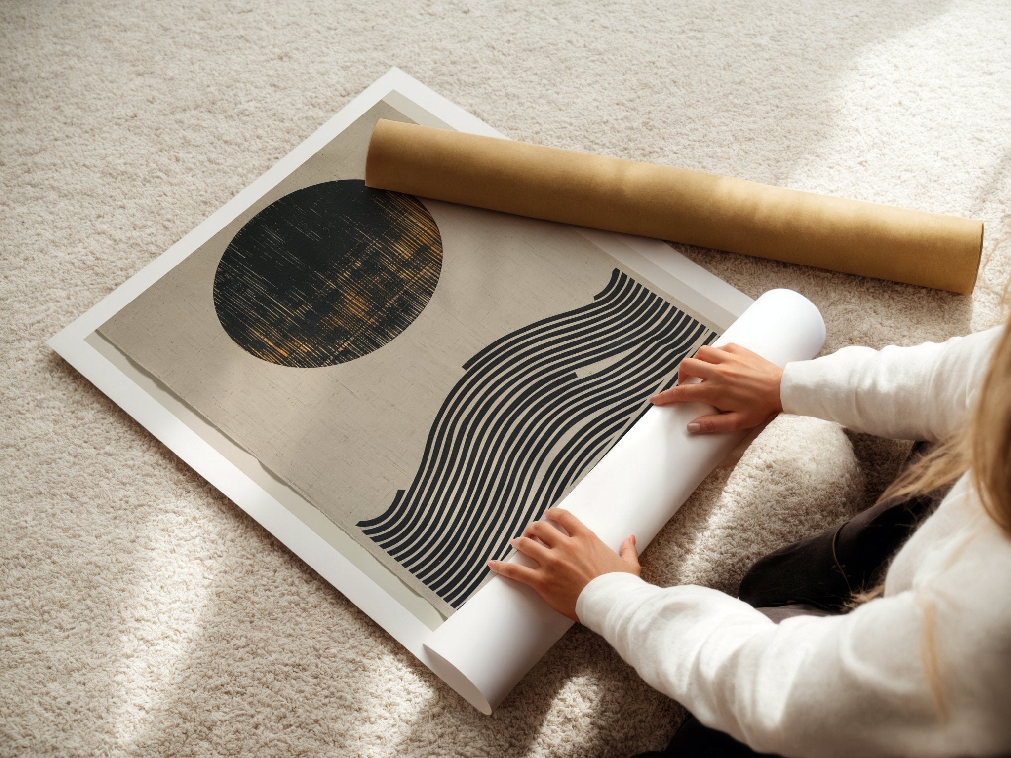 Solar Wave Bauhaus Poster – Textured Abstract with Circle & Lines - Just Great Posters