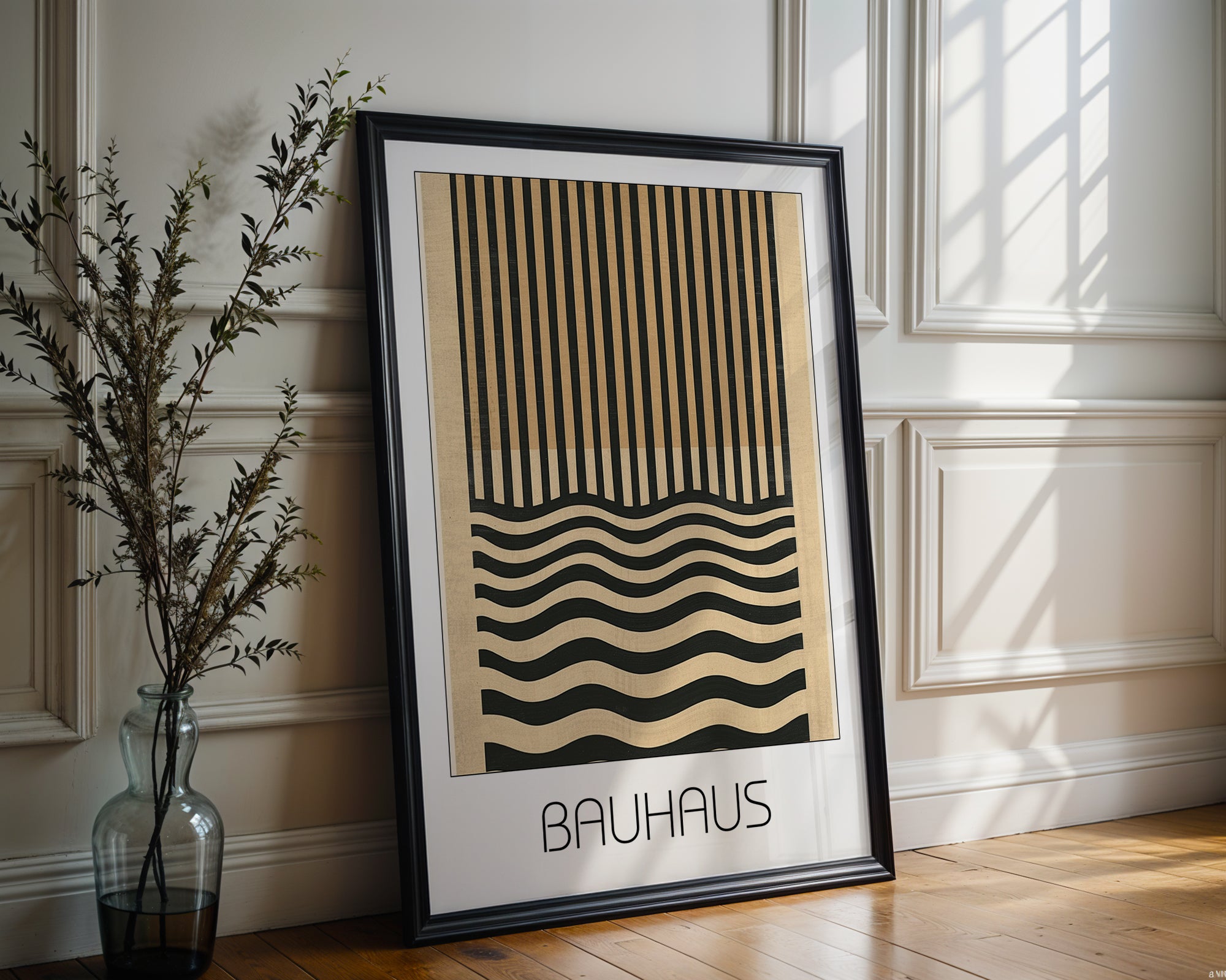 Dual Rhythm Bauhaus Poster – Vertical Meets Wave Abstract in Black & Tan - Just Great Posters