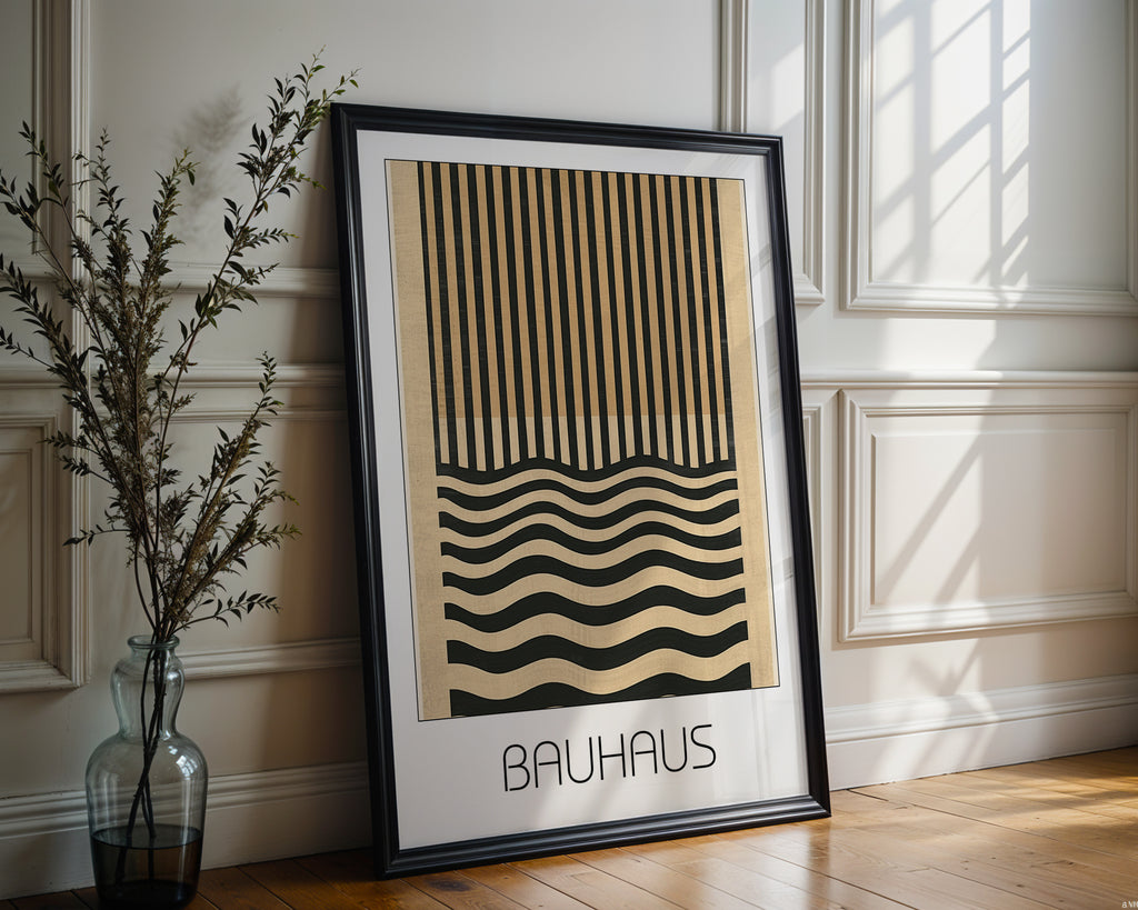 Dual Rhythm Bauhaus Poster – Vertical Meets Wave Abstract in Black & Tan - Just Great Posters
