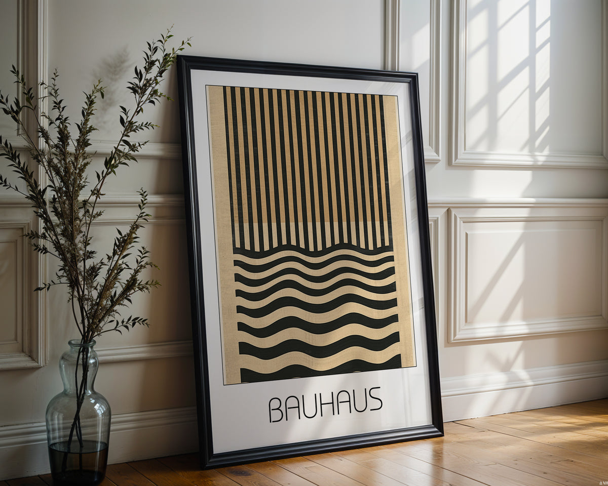 Dual Rhythm Bauhaus Poster – Vertical Meets Wave Abstract in Black & Tan - Just Great Posters