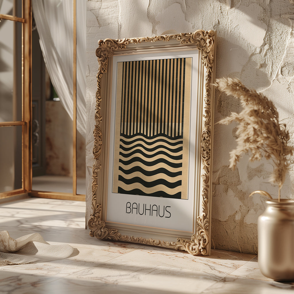 Dual Rhythm Bauhaus Poster – Vertical Meets Wave Abstract in Black & Tan - Just Great Posters