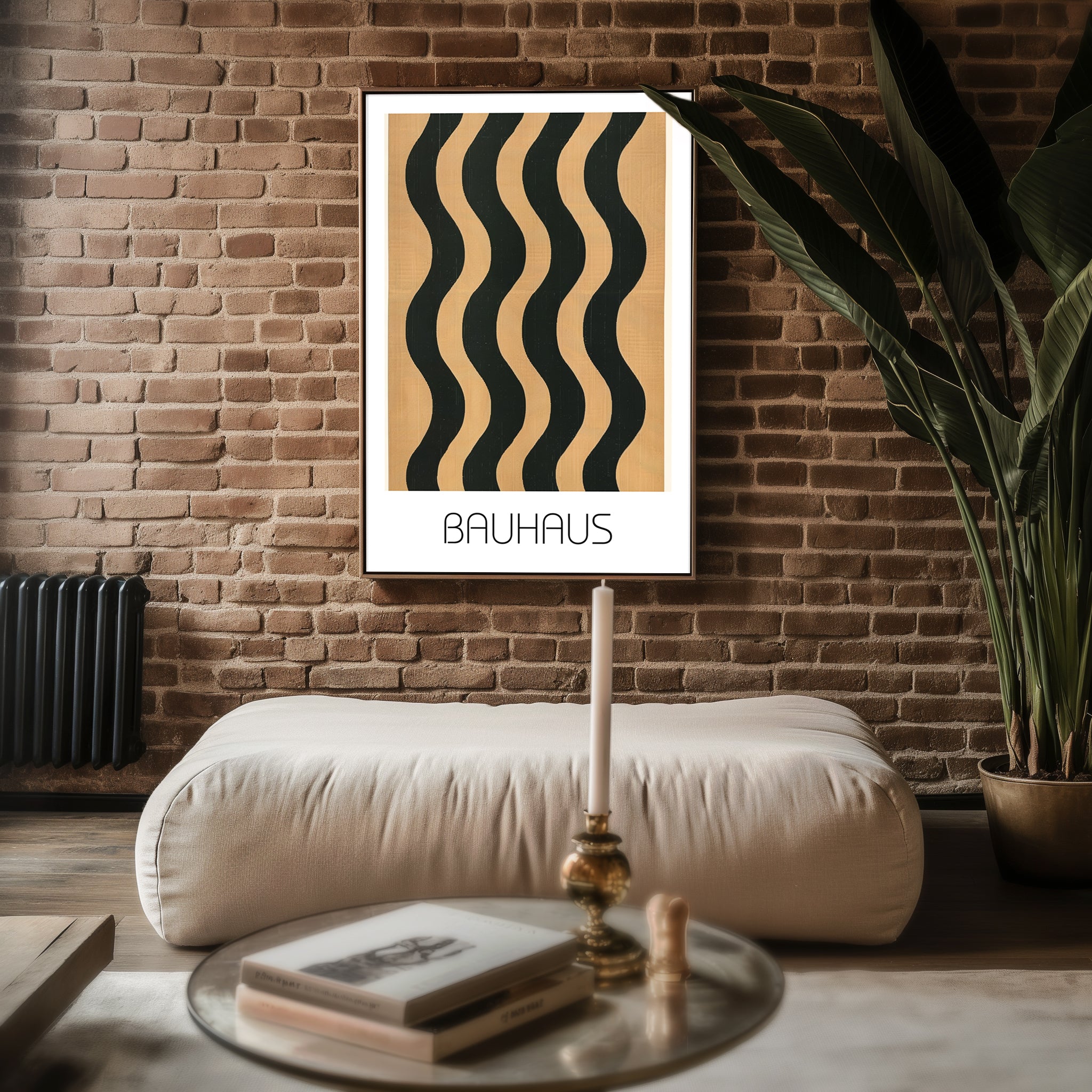 Wavy Bold Bauhaus Poster – Black & Tan Minimalist Line Art Description: - Just Great Posters