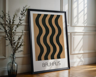 Wavy Bold Bauhaus Poster – Black & Tan Minimalist Line Art Description: - Just Great Posters