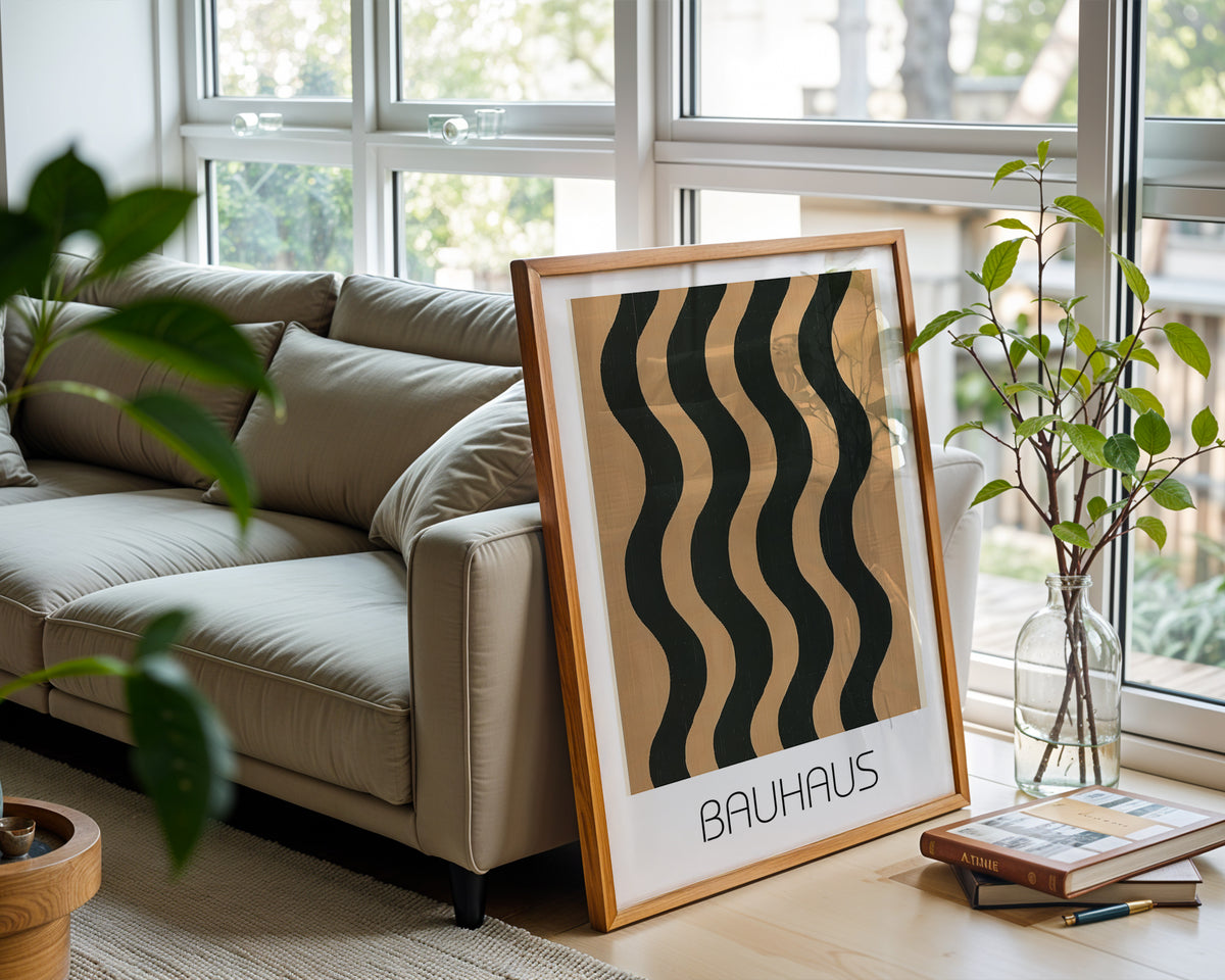 Wavy Bold Bauhaus Poster – Black & Tan Minimalist Line Art Description: - Just Great Posters