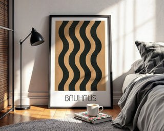 Wavy Bold Bauhaus Poster – Black & Tan Minimalist Line Art Description: - Just Great Posters