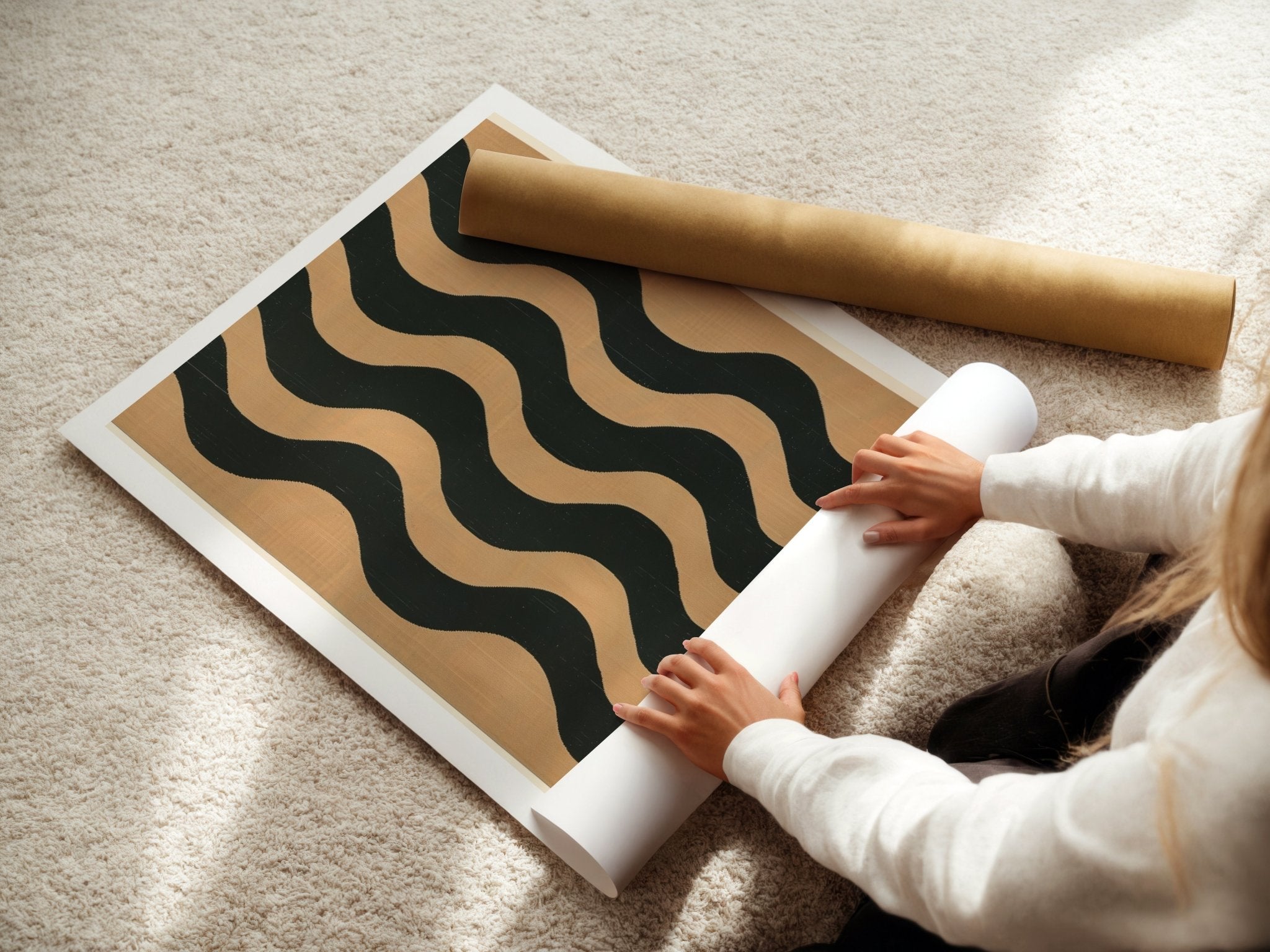 Wavy Bold Bauhaus Poster – Black & Tan Minimalist Line Art Description: - Just Great Posters