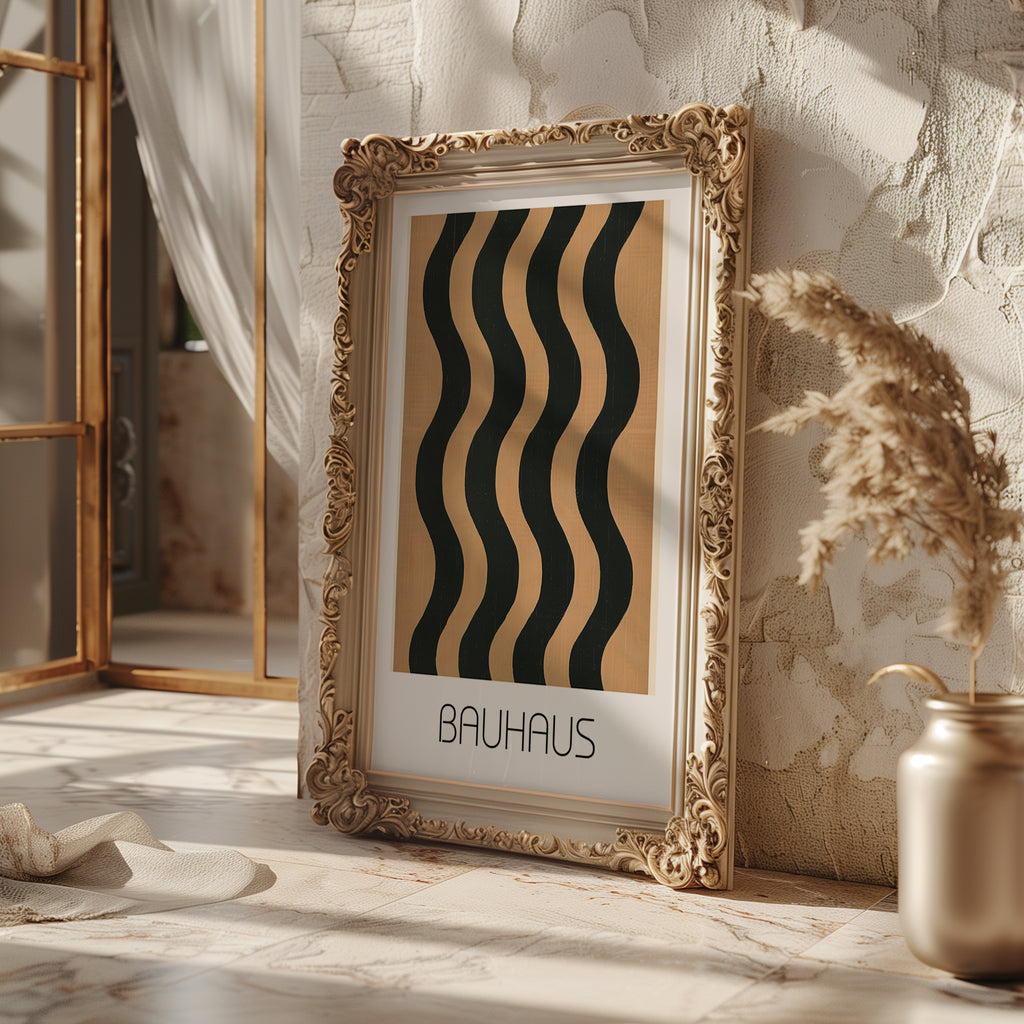 Wavy Bold Bauhaus Poster – Black & Tan Minimalist Line Art Description: - Just Great Posters