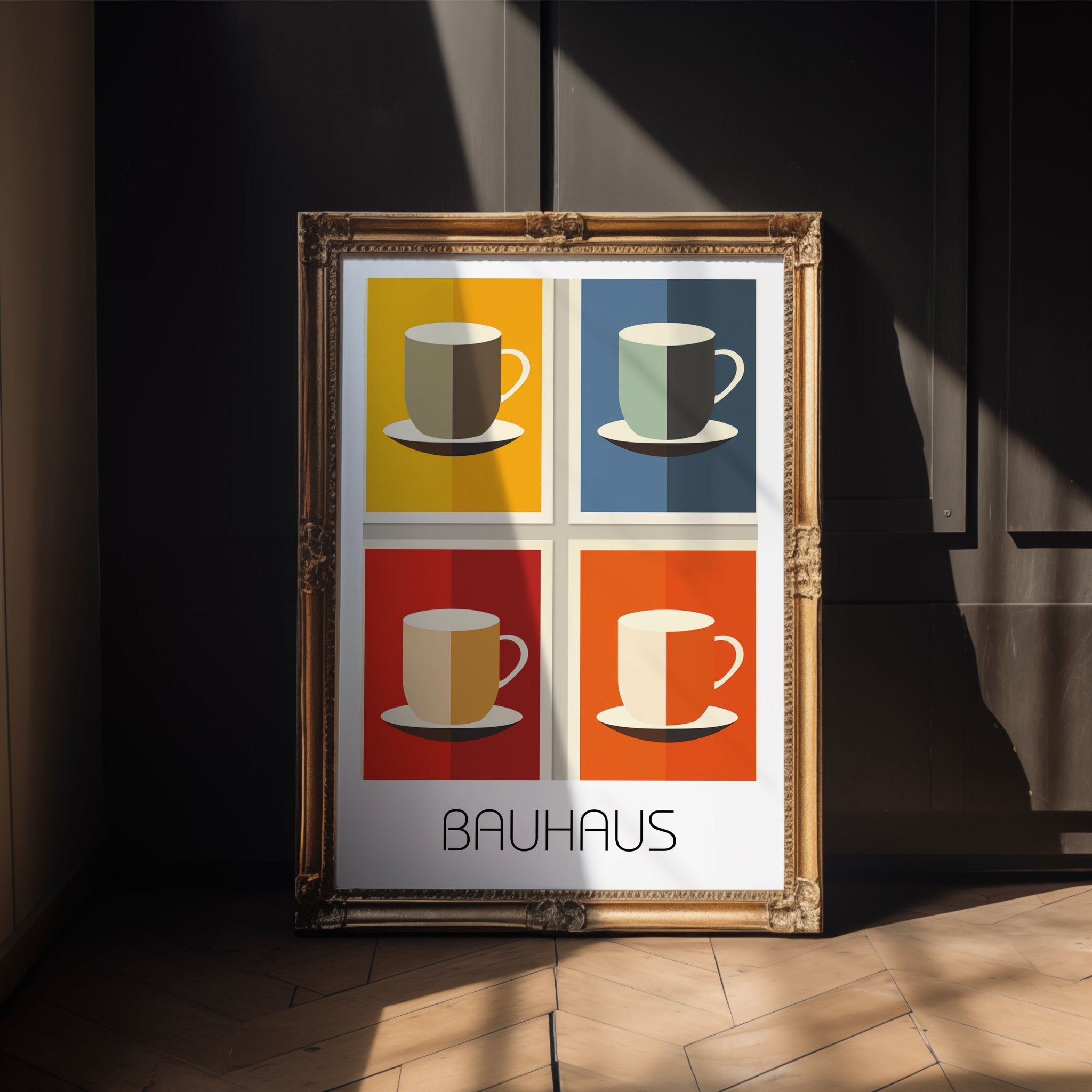 Coffee Pop Bauhaus Poster – Color Block Mug Art in Bold Geometrics - Just Great Posters