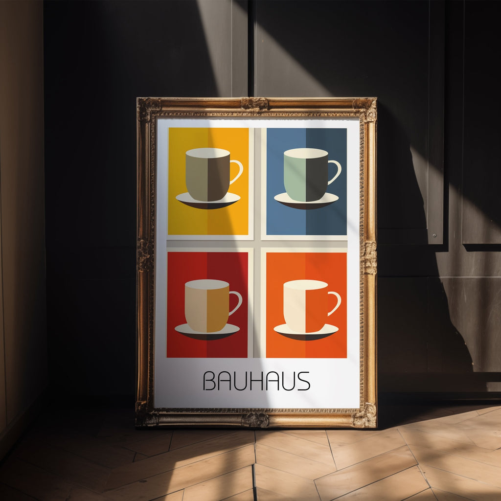 Coffee Pop Bauhaus Poster – Color Block Mug Art in Bold Geometrics - Just Great Posters