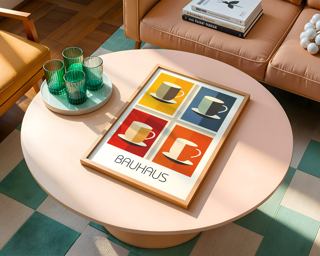 Coffee Pop Bauhaus Poster – Color Block Mug Art in Bold Geometrics - Just Great Posters