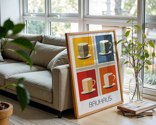 Coffee Pop Bauhaus Poster – Color Block Mug Art in Bold Geometrics - Just Great Posters