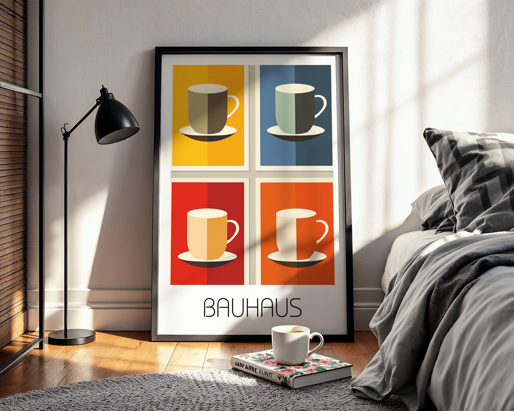 Coffee Pop Bauhaus Poster – Color Block Mug Art in Bold Geometrics - Just Great Posters