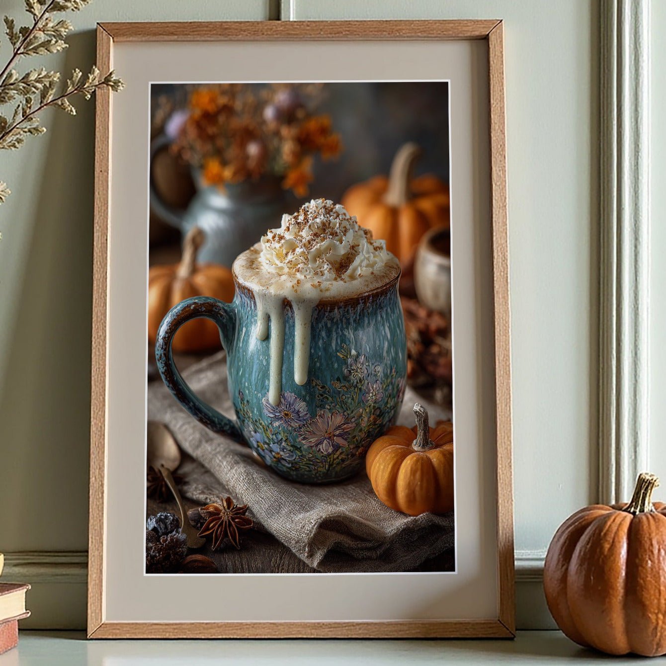 Framed picture of a mug with whipped cream on a table with pumpkins and a vase of dried flowers.