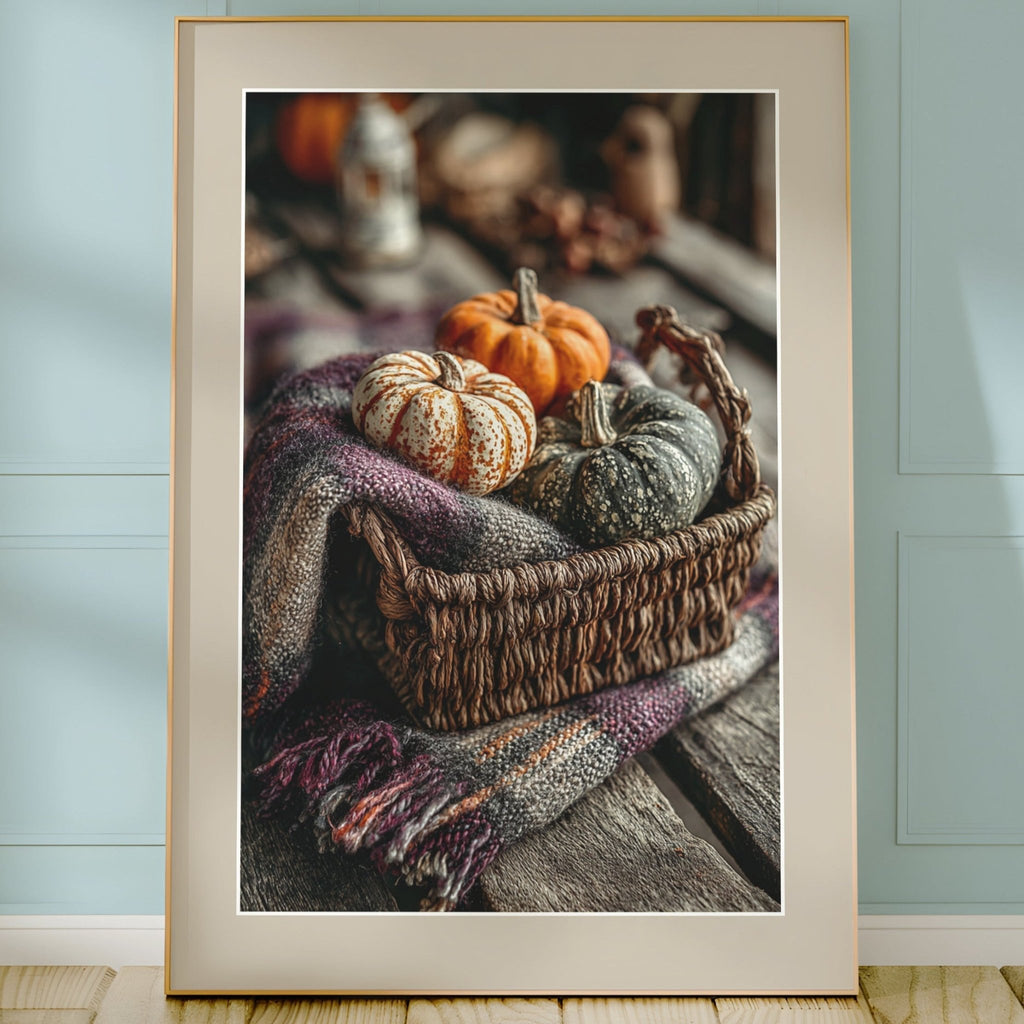 Framed photograph of pumpkins and a basket on a wooden surface with a light blue wall background.