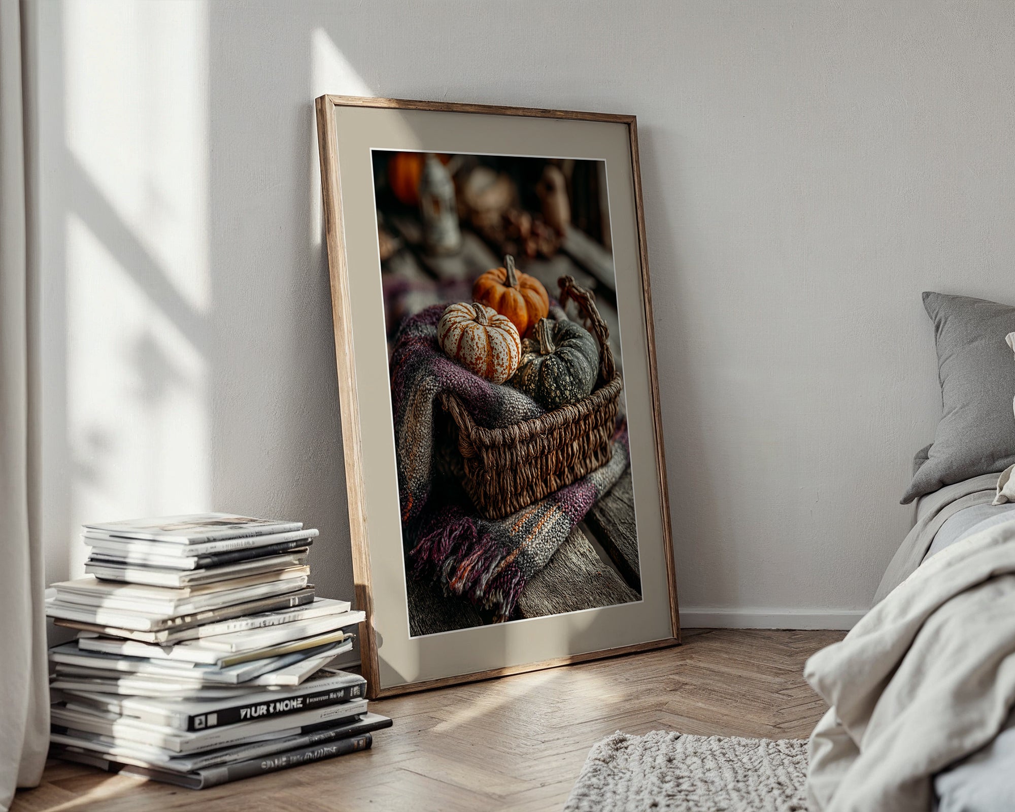 Cozy Basket Poster – Pumpkins & Plaid Still Life - Just Great Posters