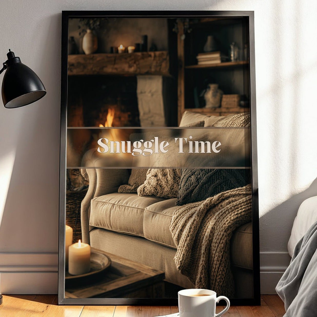 Room with a mirror reflecting a cozy living room scene, featuring a couch, lamp, and decor items.