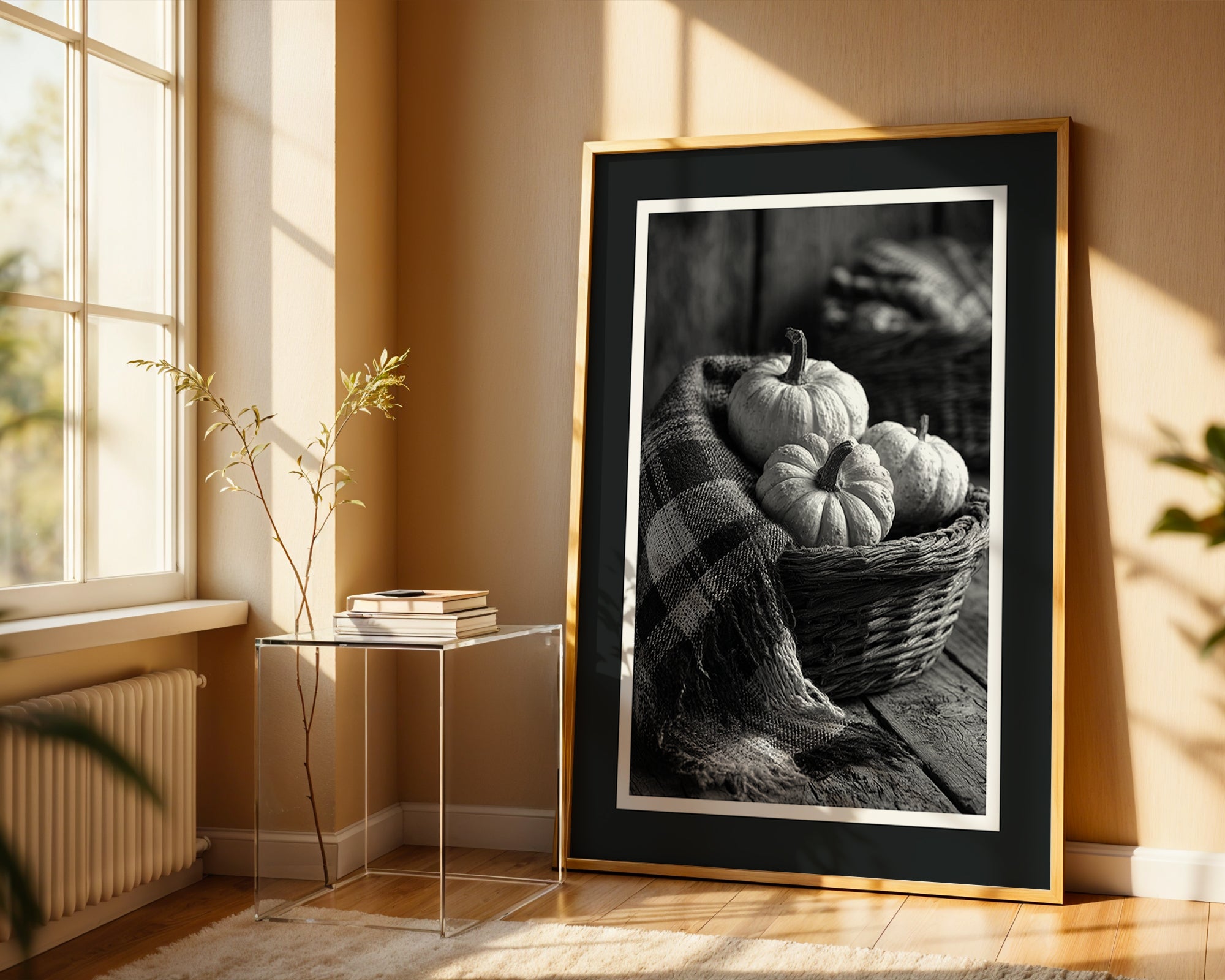 Black & White Pumpkin Basket – Monochrome Harvest Print - Just Great Posters