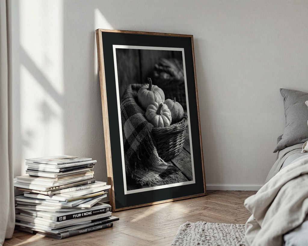 Black & White Pumpkin Basket – Monochrome Harvest Print - Just Great Posters