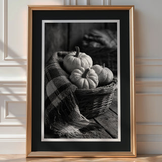 Black & White Pumpkin Basket – Monochrome Harvest Print - Just Great Posters