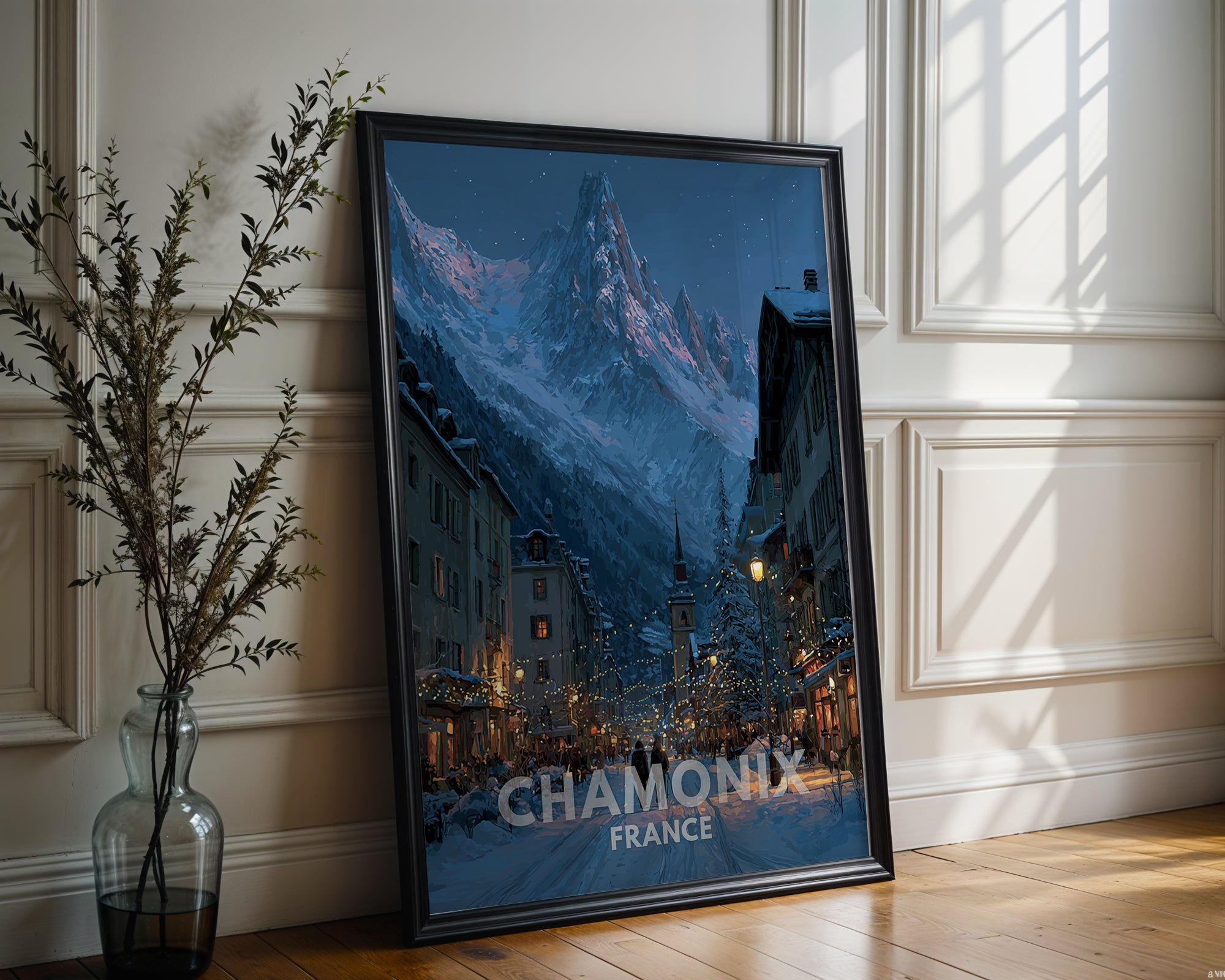 Chamonix France Poster – Winter Street Scene & Alpine Mountain Wall Art Print - Just Great Posters