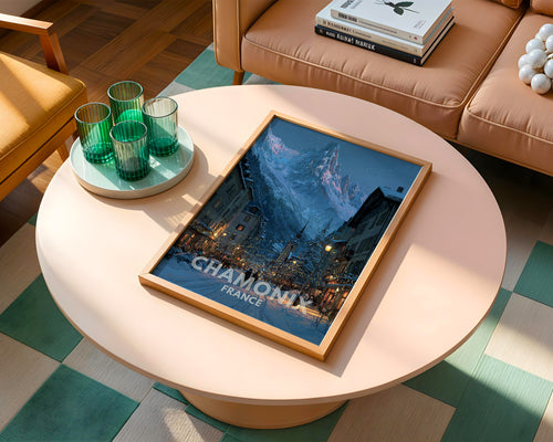 Chamonix France Poster – Winter Street Scene & Alpine Mountain Wall Art Print - Just Great Posters