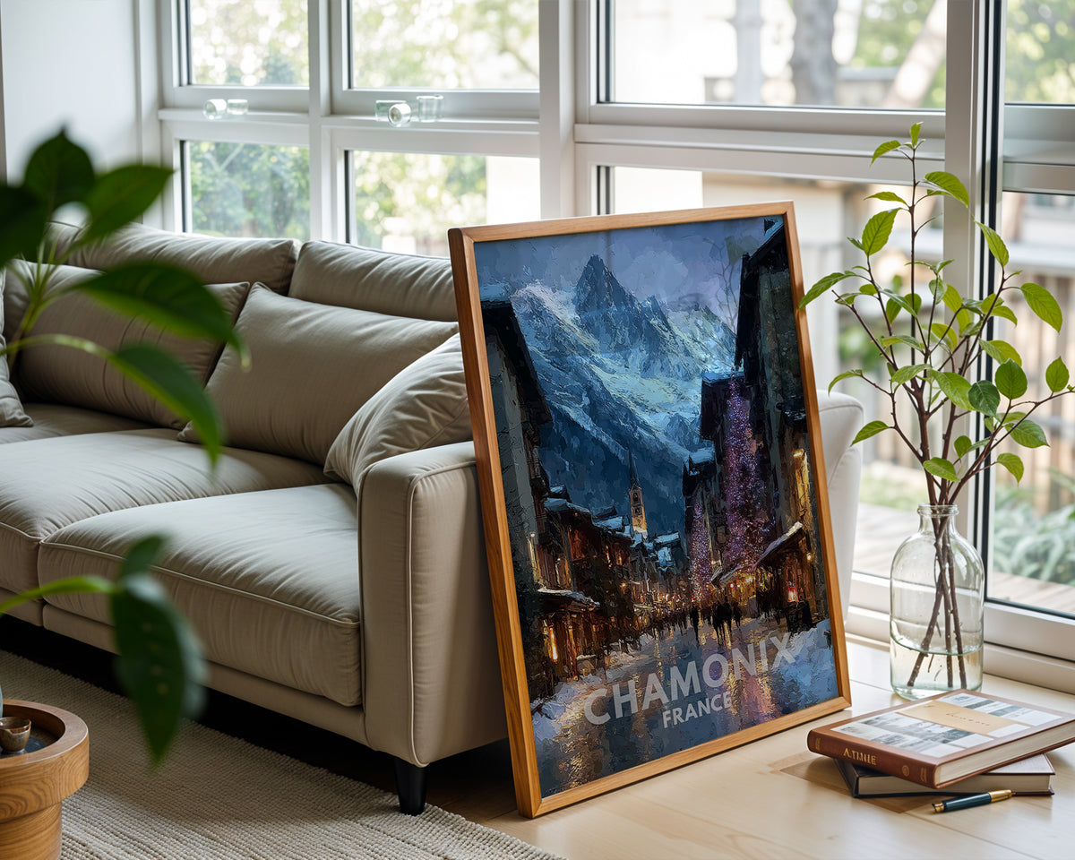 Chamonix Christmas Poster – Festive Street & Mountain View Wall Art from France - Just Great Posters