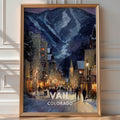 Illustrated 'Vail Colorado' poster of a snowy ski town street lit up at night beneath the mountain