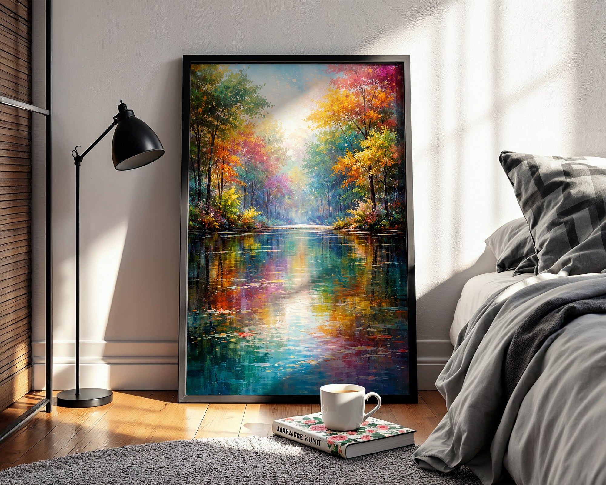 Autumn Forest Reflection poster displayed in a cosy interior setting