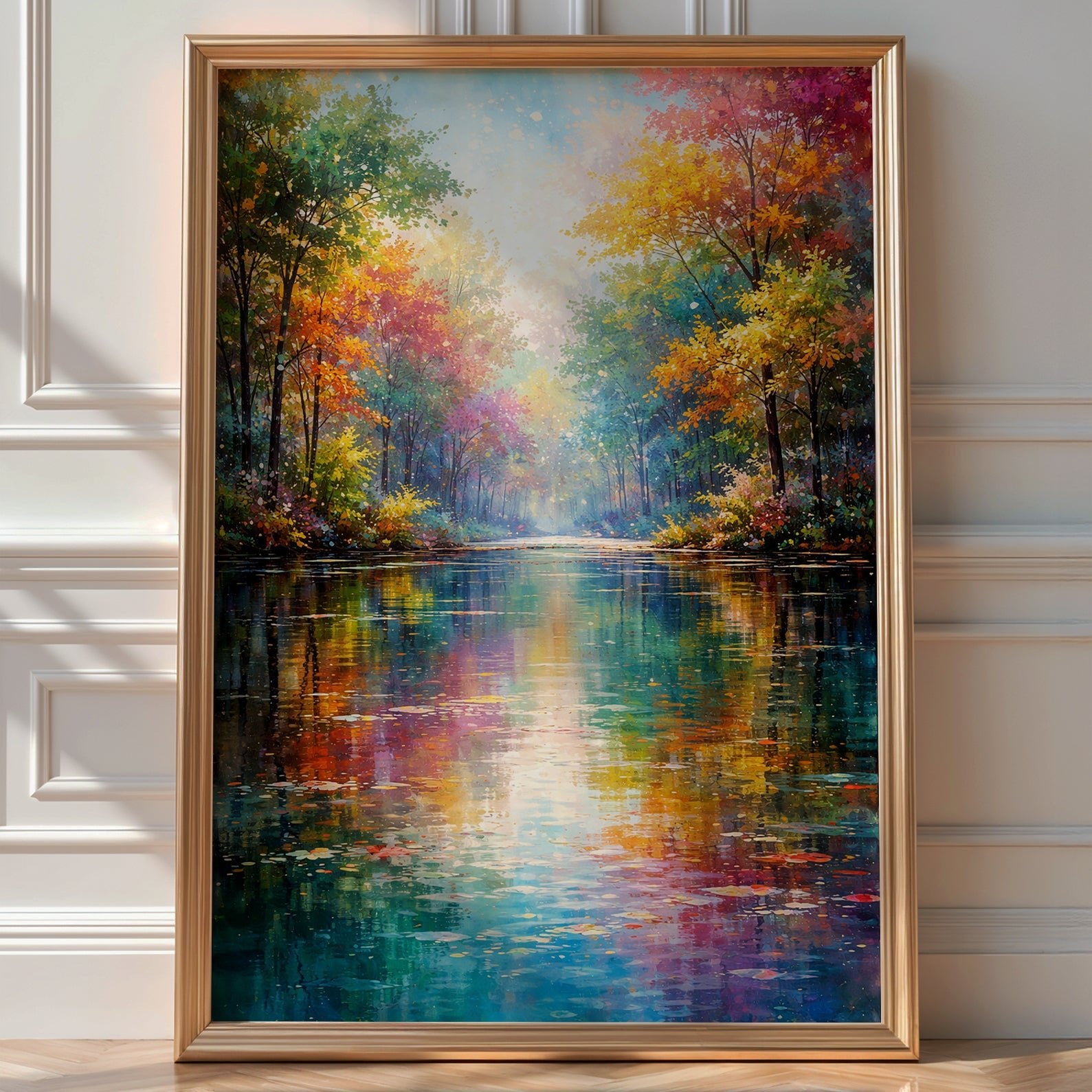 Impressionist painting of colourful autumn trees reflected in still water, framed print