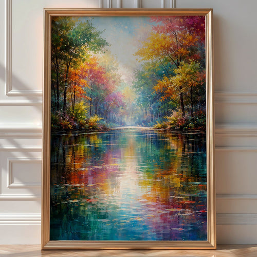Impressionist painting of colourful autumn trees reflected in still water, framed print