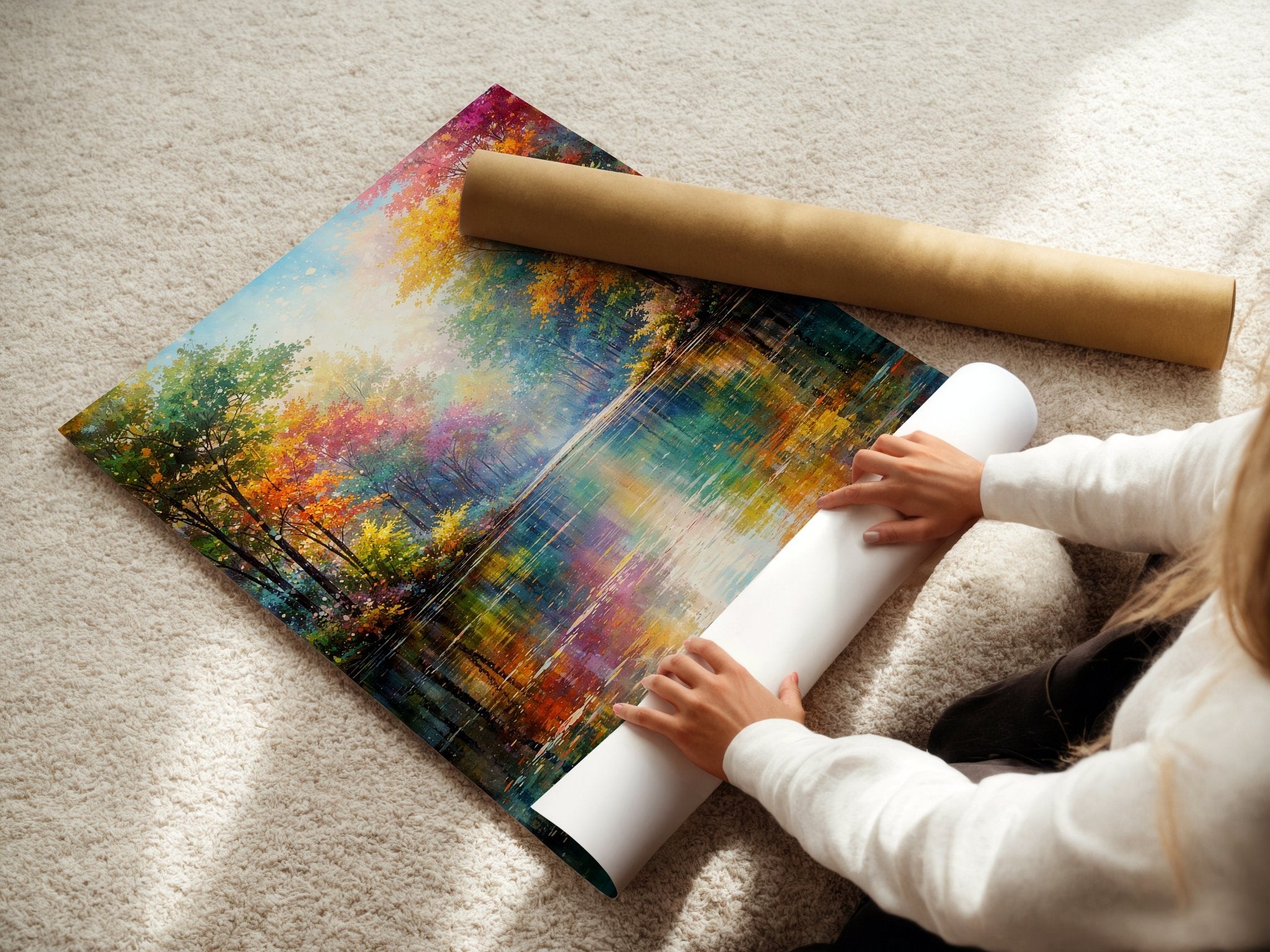 Autumn Forest Reflection poster displayed in a styled room setting
