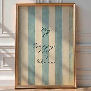 My Happy Place Wall Art – Pastel Blue Striped Typography Poster, Minimal Coastal Decor for Bedroom, Beach House, or Serene Home Vibes - Just Great Posters
