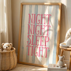 Children's room with 'Night Night Sleep Tight' sign, teddy bears, and a chair.