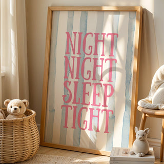 Children's room with 'Night Night Sleep Tight' sign, teddy bears, and a chair.