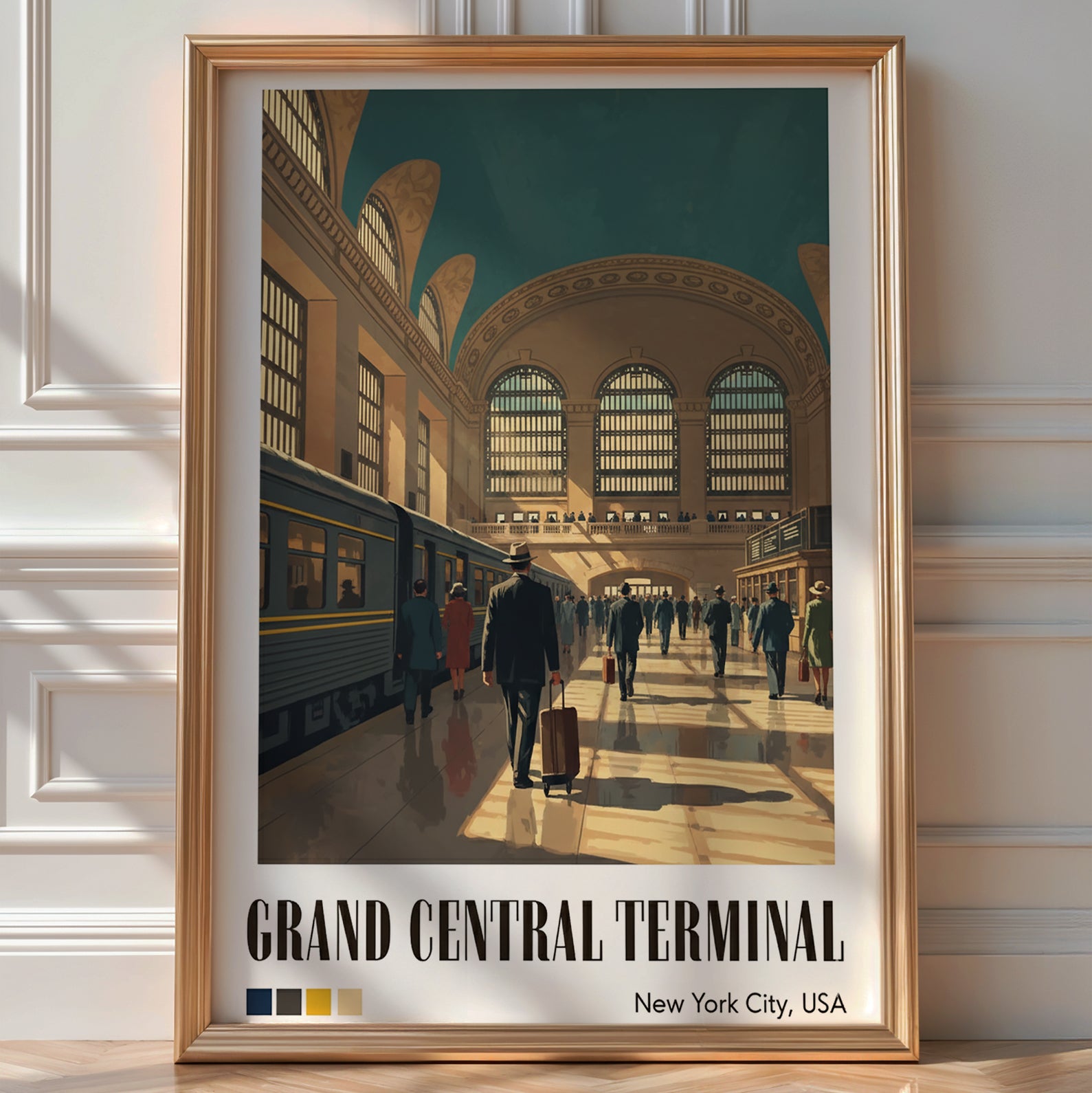 Illustrated vintage travel poster of Grand Central Terminal's concourse with a train and travellers, New York City