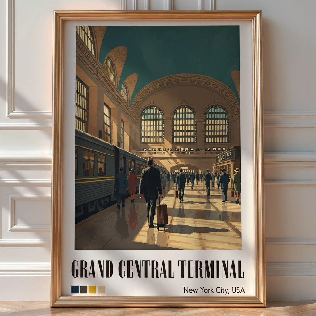 Illustrated vintage travel poster of Grand Central Terminal's concourse with a train and travellers, New York City