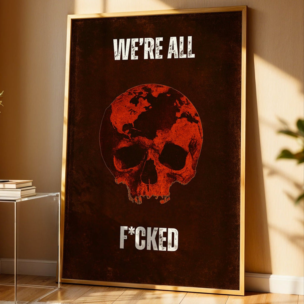 Framed poster with a skull design and text in a room with a window and small table.