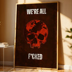 Framed poster with a skull design and text in a room with a window and small table.