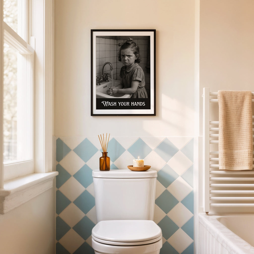 “Wash Your Hands” Vintage Grumpy Kid Poster – Playful Retro Hygiene Art Print - Just Great Posters
